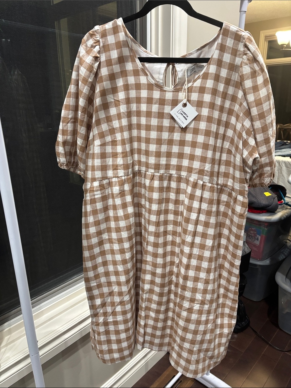 Gingham Puff-Sleeve Midi Dress in Brown and White North Kinder Jilly Box
